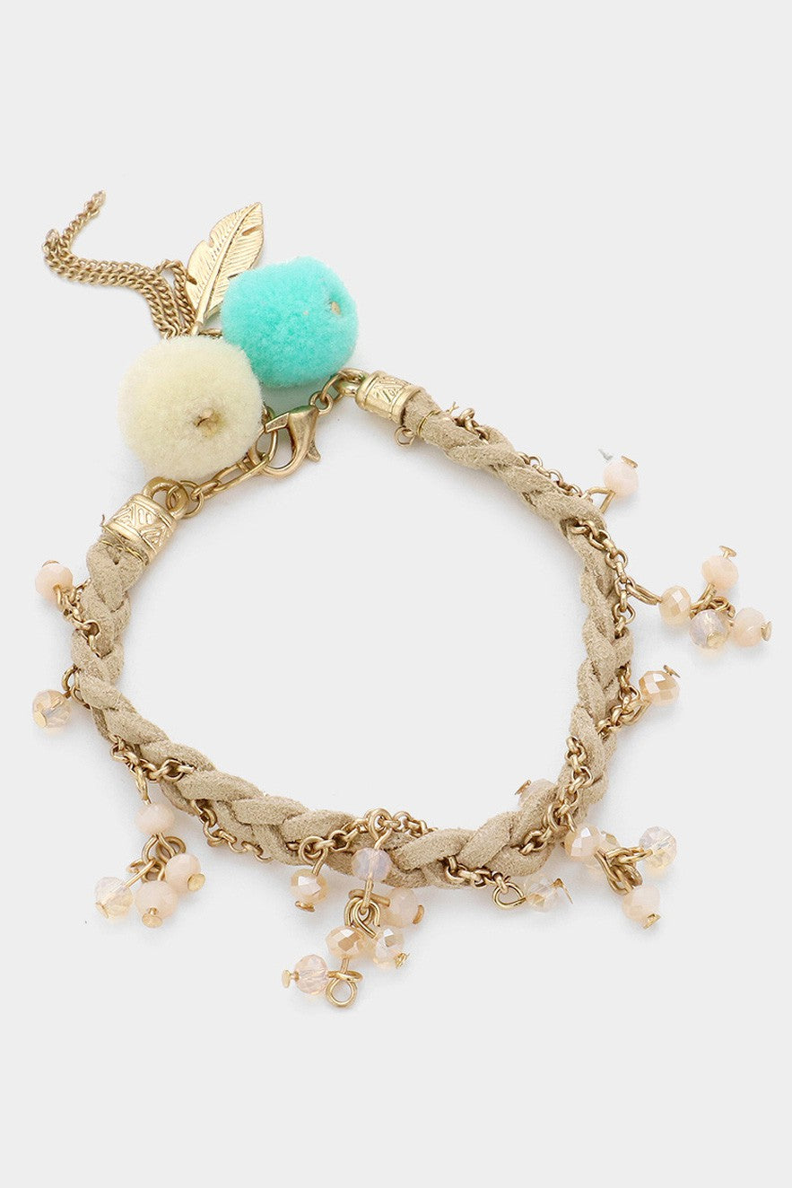 Pom Pom Pearl Charm Braided Suede Bracelet