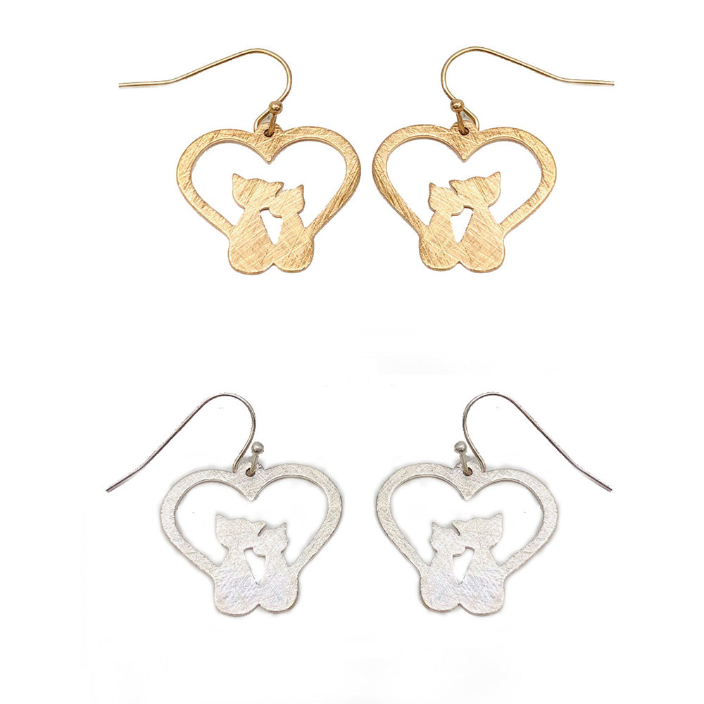 BRASS CATS W/HEART PIERCED EARRINGS