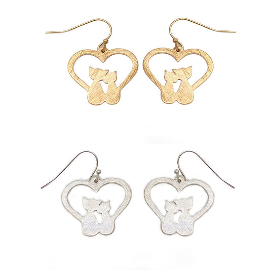 BRASS CATS W/HEART PIERCED EARRINGS
