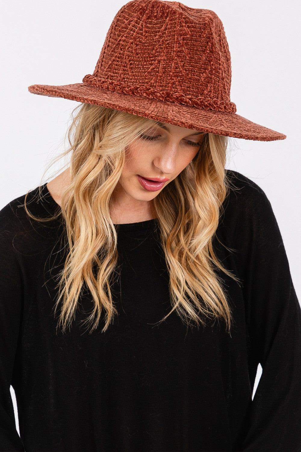 Braided Band Chenille Pattern Fedora Hat