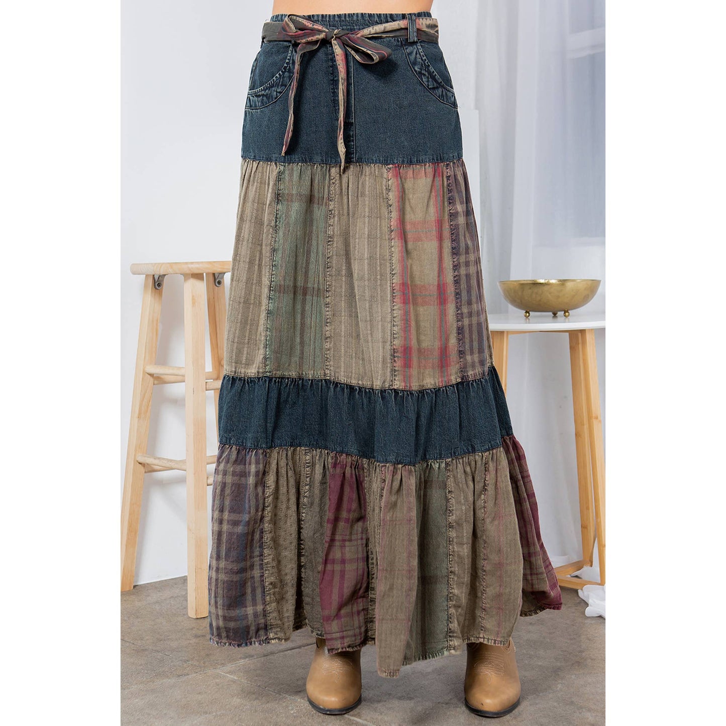 Cherokee Western Delight: Long Denim Tiered Skirt With Patch