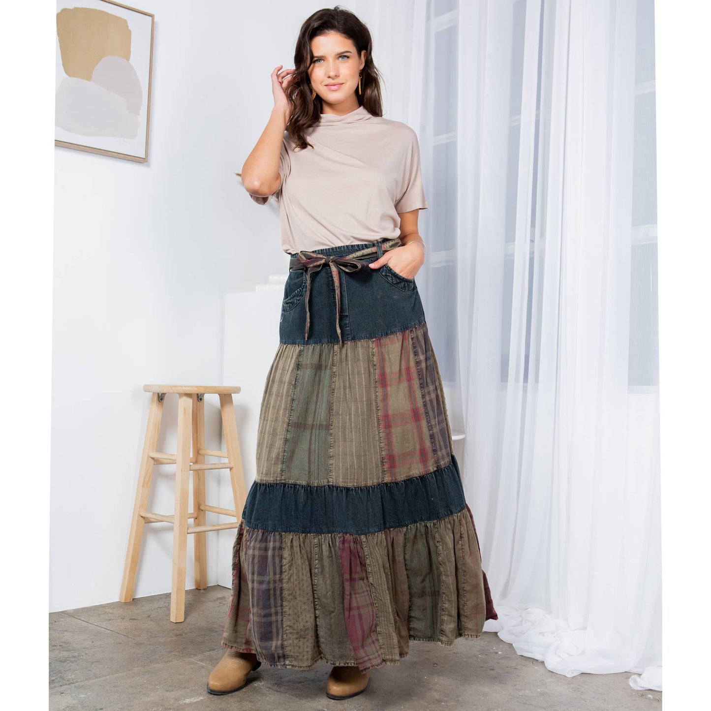 Cherokee Western Delight: Long Denim Tiered Skirt With Patch