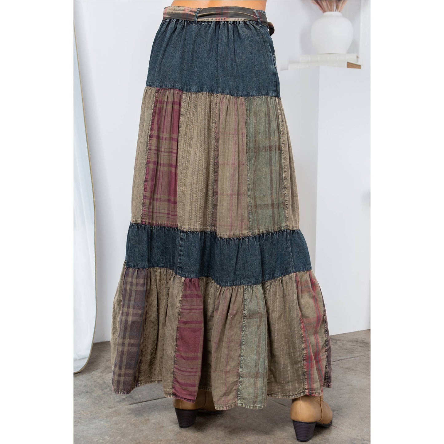 Cherokee Western Delight: Long Denim Tiered Skirt With Patch