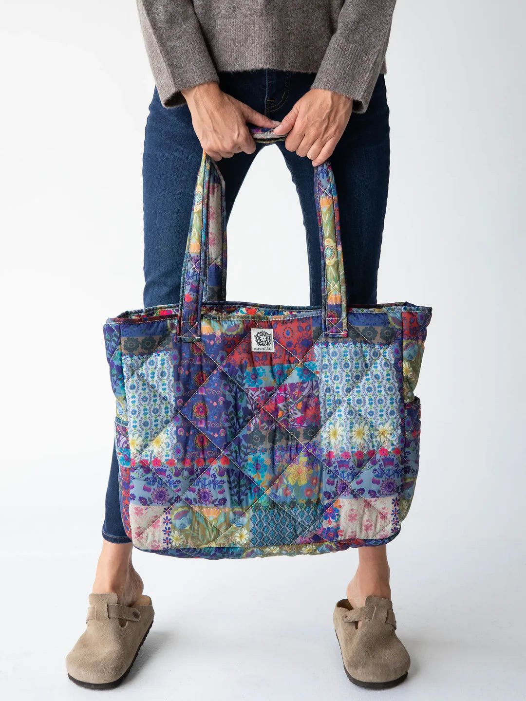 Natural Life Large Blue Patchwork Reversible Puffy Tote Bag