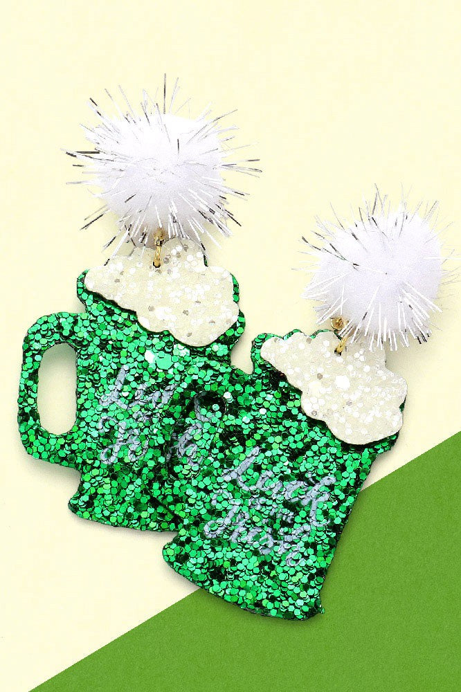 St. Patrick's Glittered Beer Dangle Pom Earrings