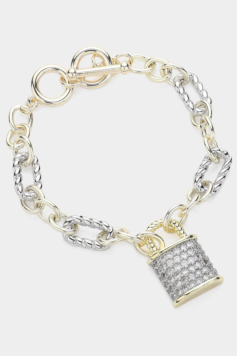 CZ Stone Paved Lock Charm Two Tone Toggle Bracelet