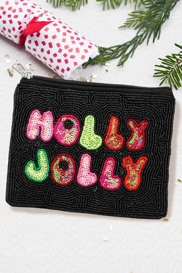 HOLLY JOLLY Christmas Seed Beaded Mini Pouch Bag