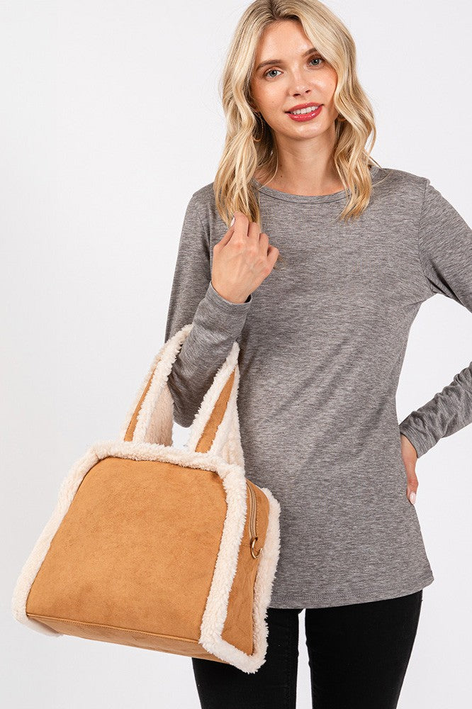 Fleece Trimmed Solid Tote Crossbody Bag