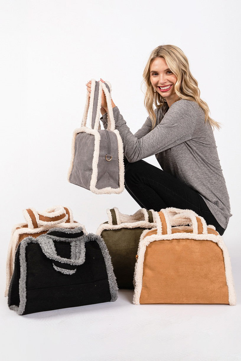 Fleece Trimmed Solid Tote Crossbody Bag