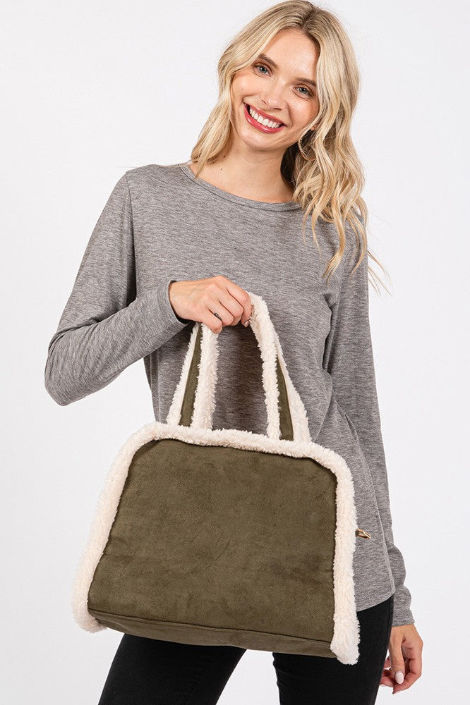 Fleece Trimmed Solid Tote Crossbody Bag