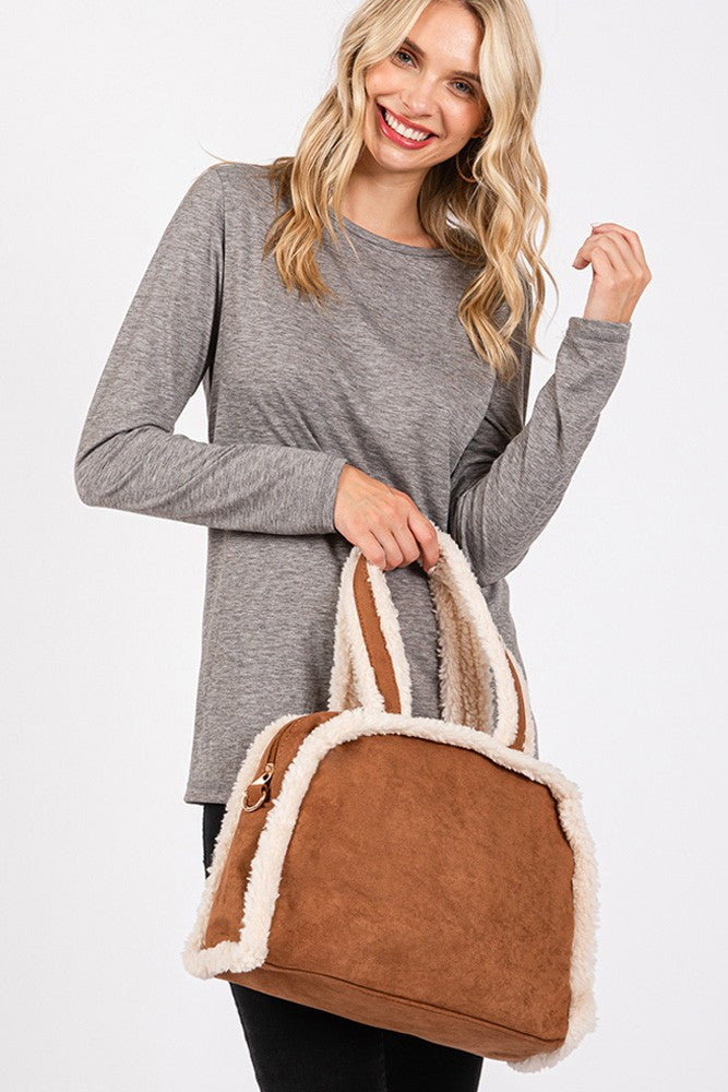 Fleece Trimmed Solid Tote Crossbody Bag