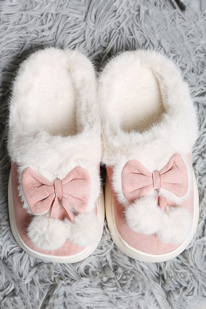 Bow Pom Pom Faux Suede Indoor Floor Slippers