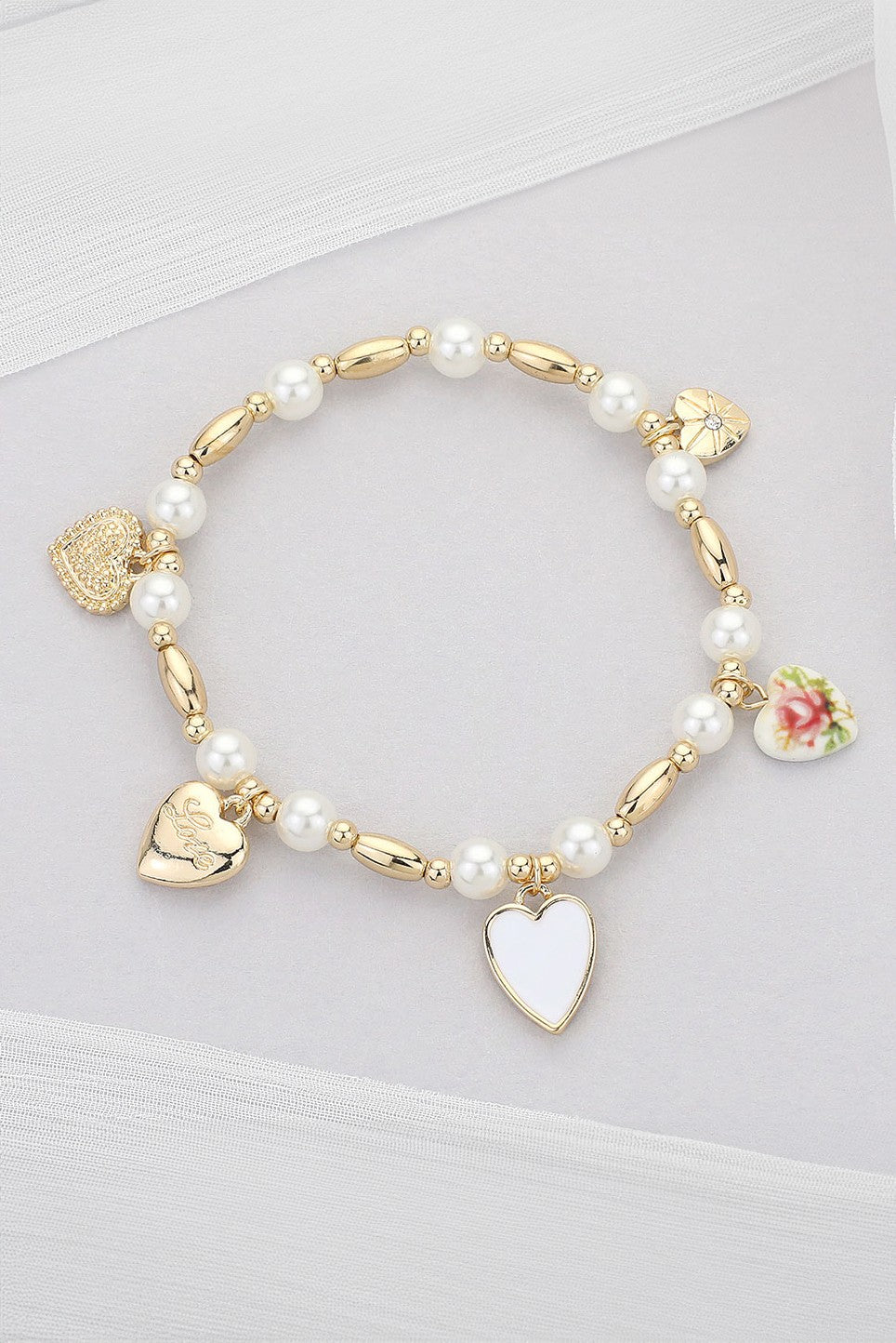 Heart Charm Station Pearl Beaded Stretch Bracelet