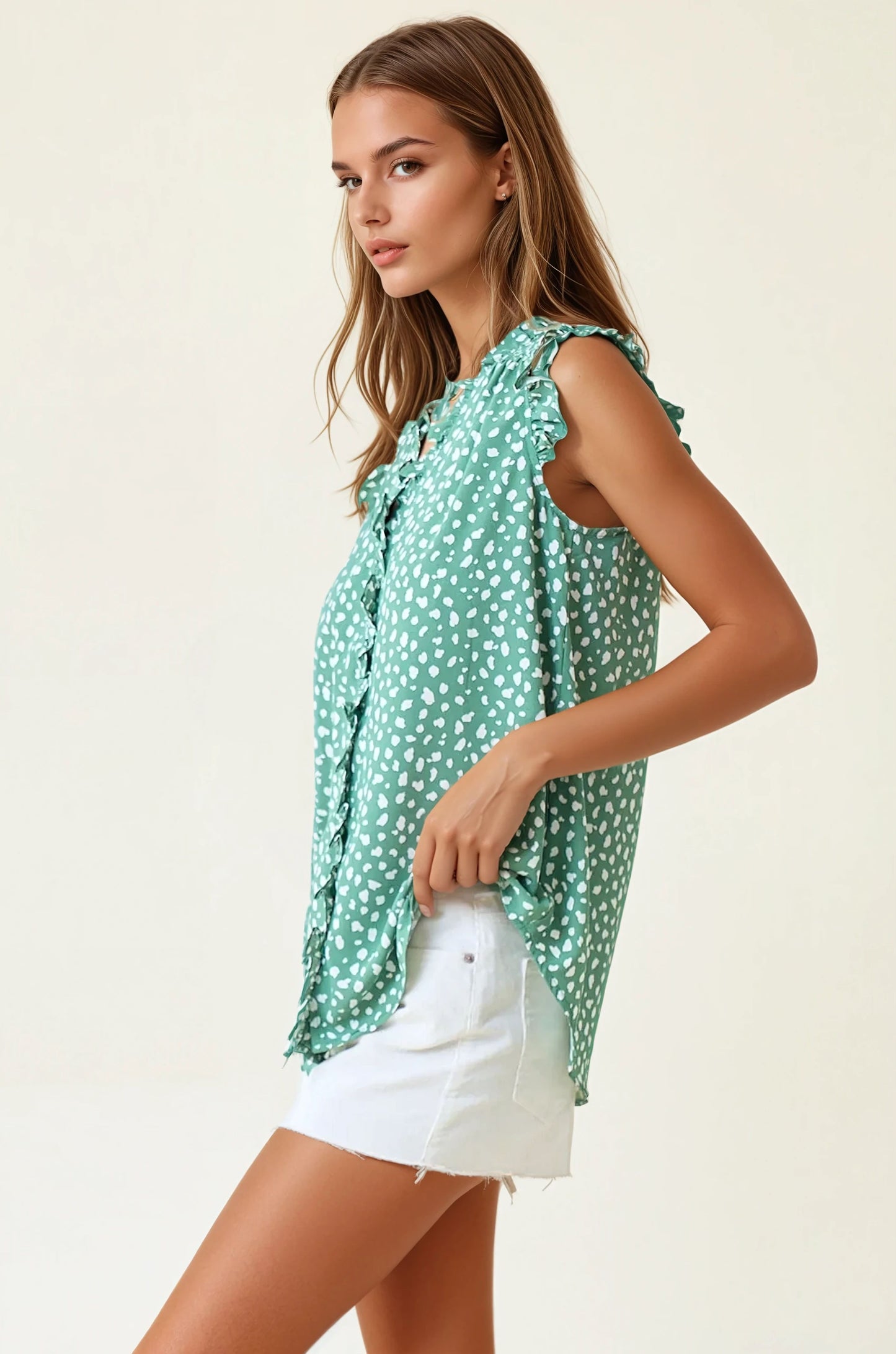 Smocked Print Frilled Top