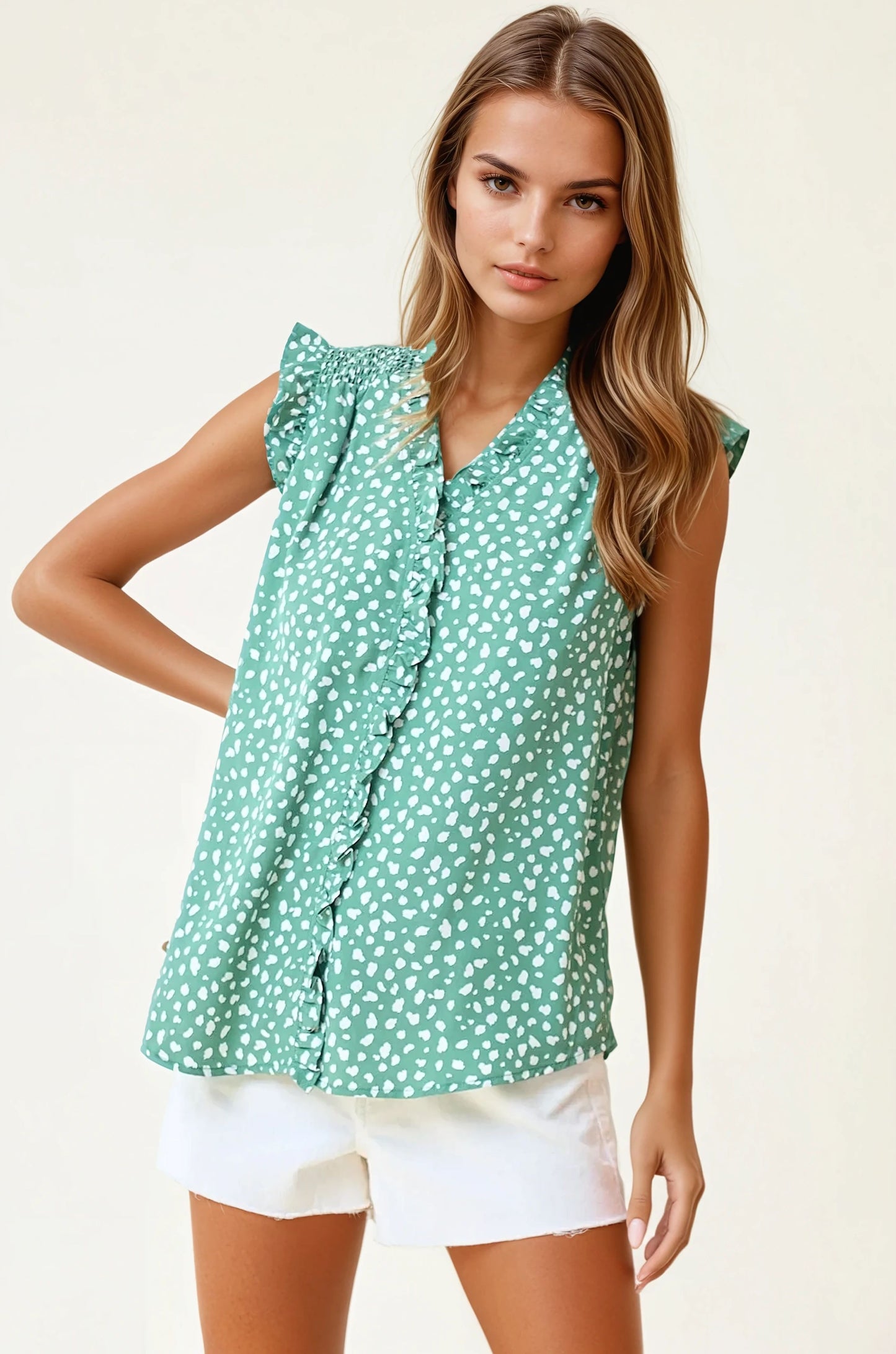 Smocked Print Frilled Top