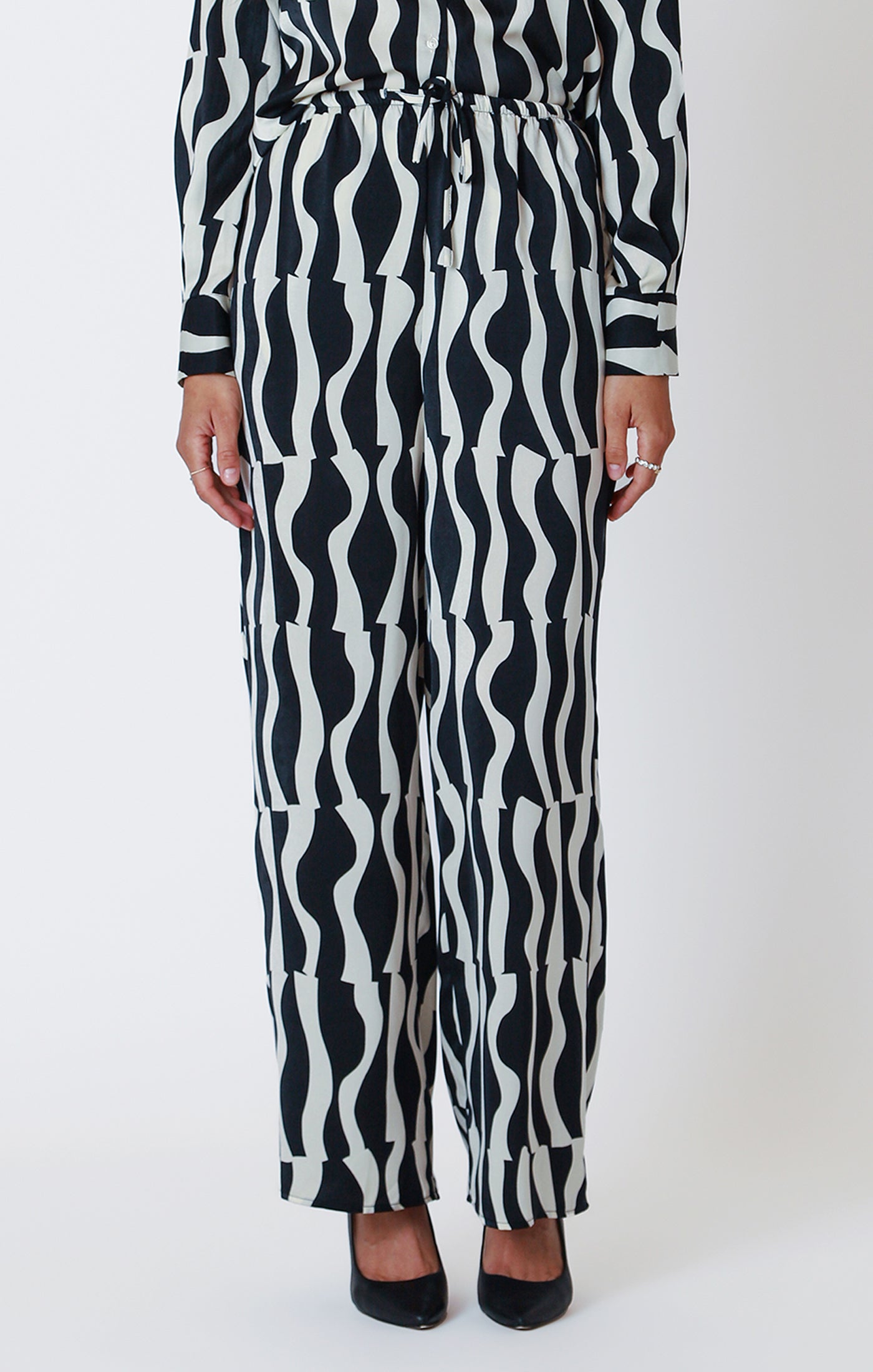 Black & White Wave Satin Wide Leg Pants