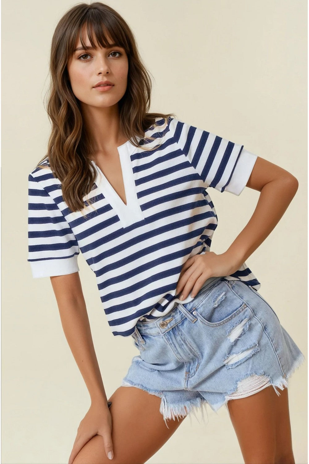 Split V-Neck Striped Top