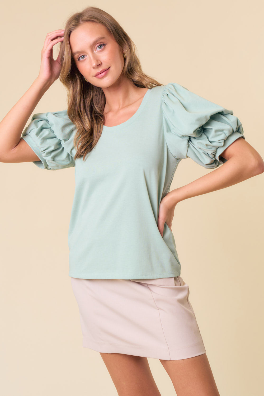 Mint Scoop Neck Double Puff Sleeve Top