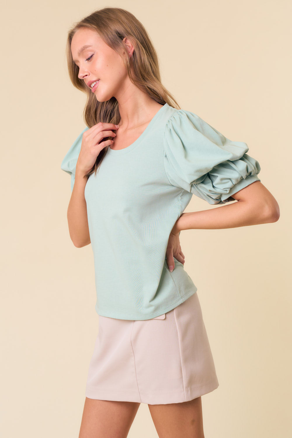 Mint Scoop Neck Double Puff Sleeve Top