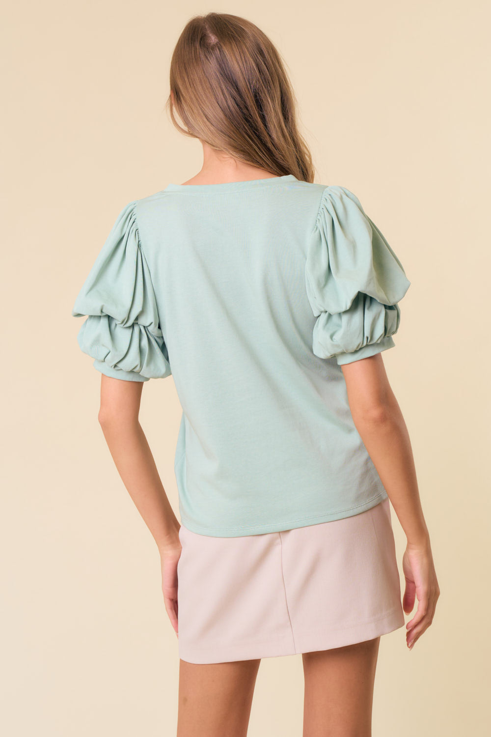 Mint Scoop Neck Double Puff Sleeve Top