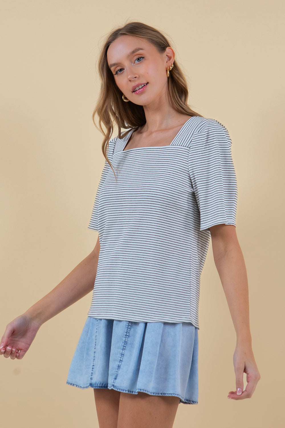 Striped Rib Square Neck Puff Short Sleeve Tee