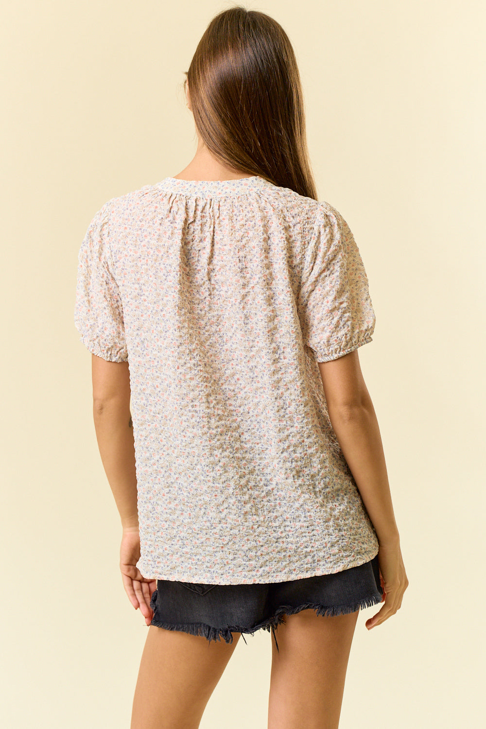 Puffy Floral Ruffled Split V-Neck Puff Short Sleeve Blouse