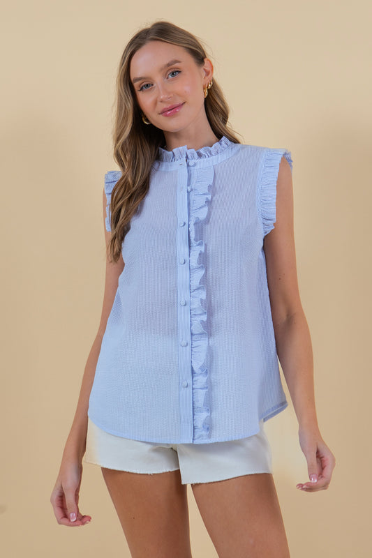 Seersucker Stripe Mock Neck Ruffle Trimmed Sleeveless Button Down Shirt