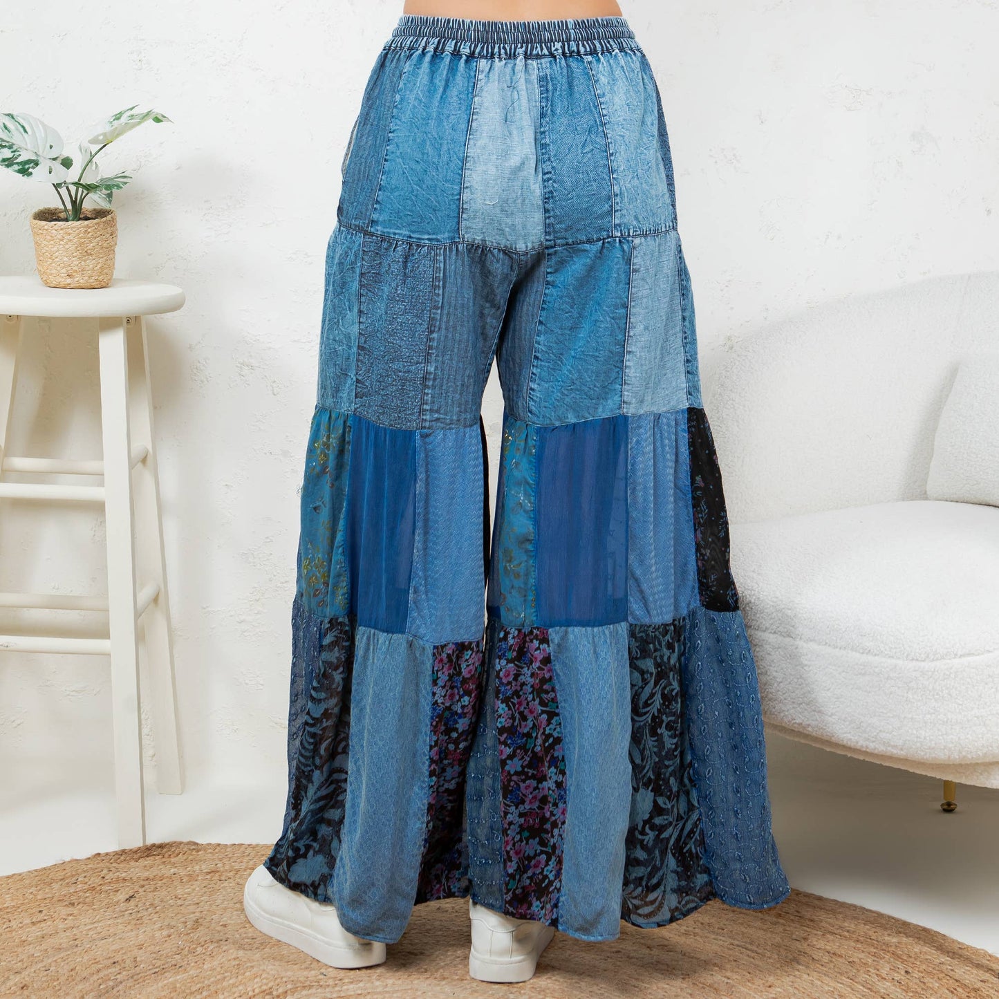 Western Boho Chic: Tiered Patch Inserted Denim Pants