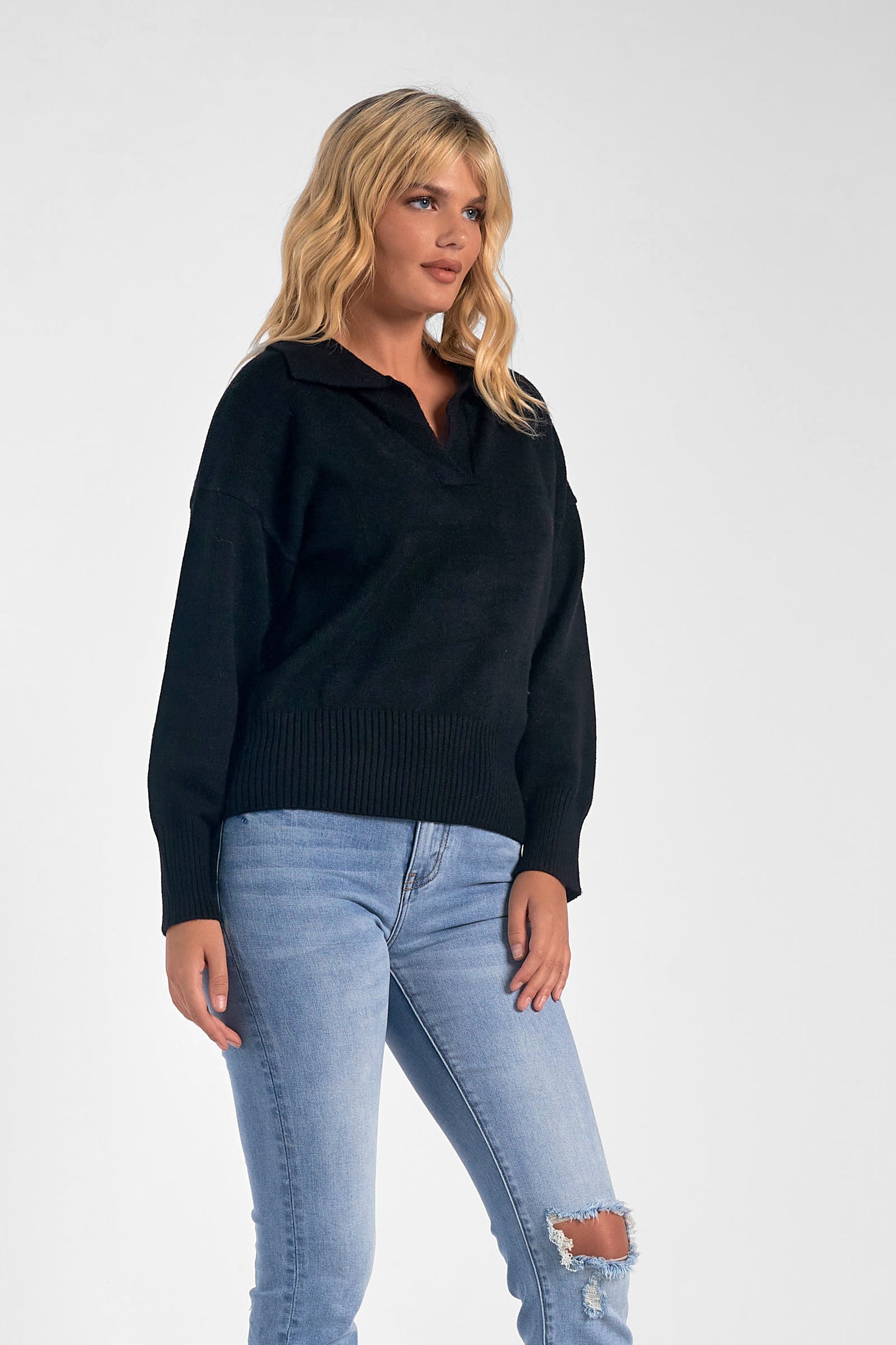 Black V-Neck Collared Sweater