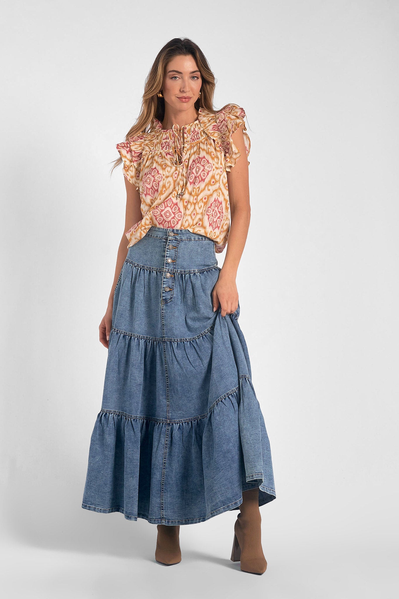 Flutter Sleeve Ikat Print Blouse