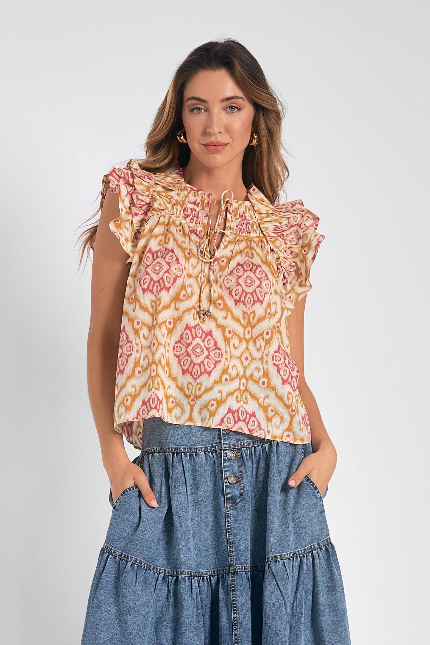Flutter Sleeve Ikat Print Blouse
