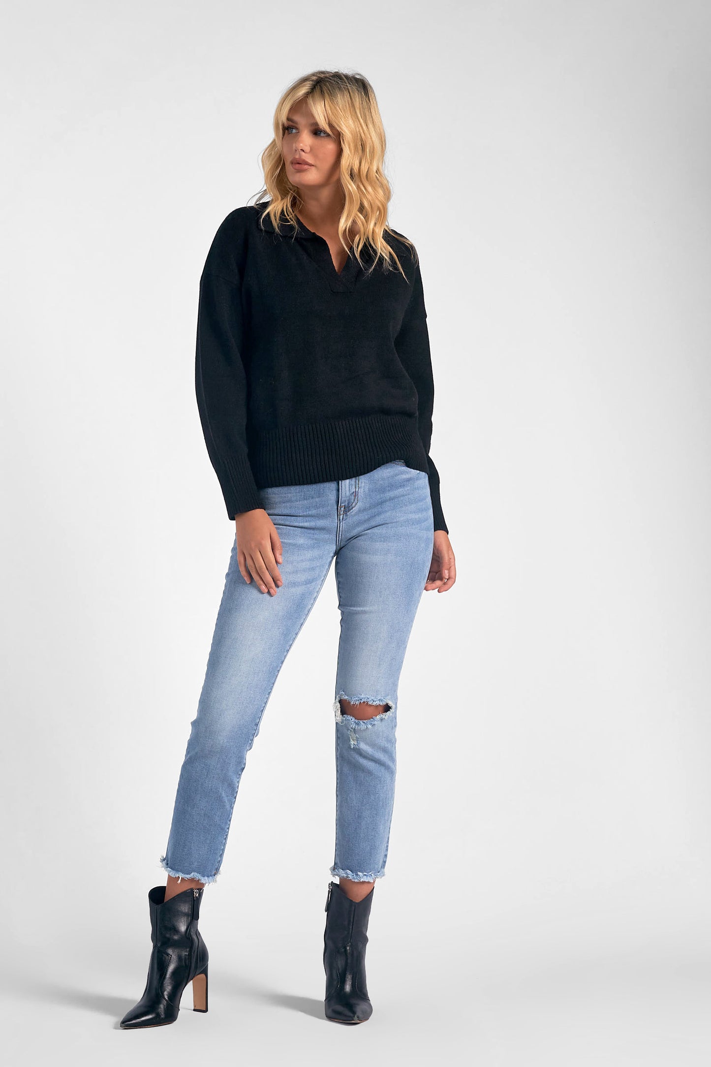 Black V-Neck Collared Sweater