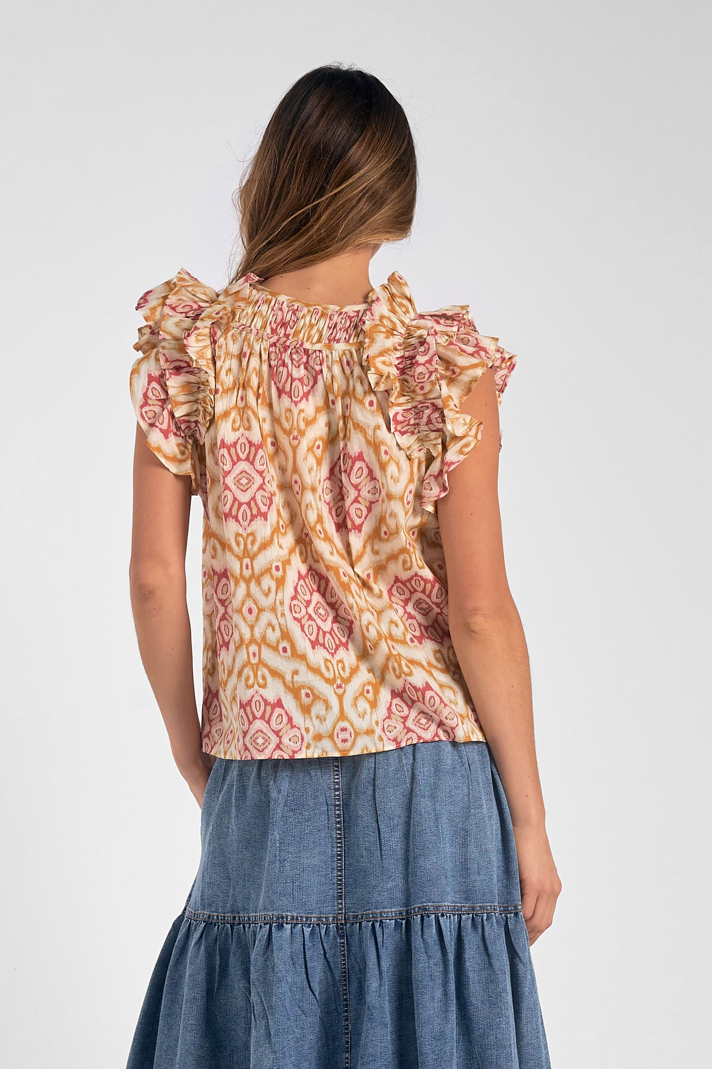 Flutter Sleeve Ikat Print Blouse