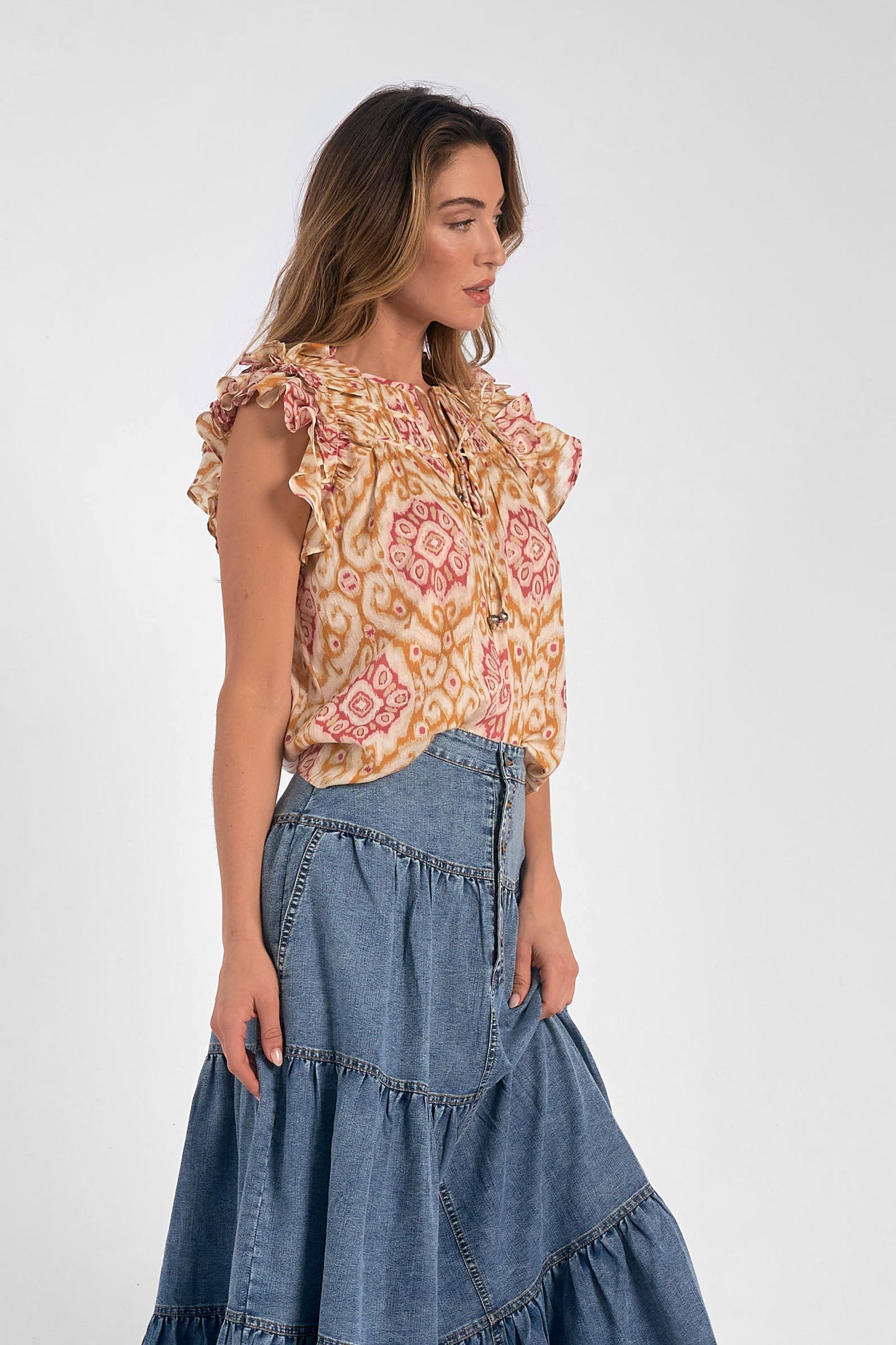 Flutter Sleeve Ikat Print Blouse