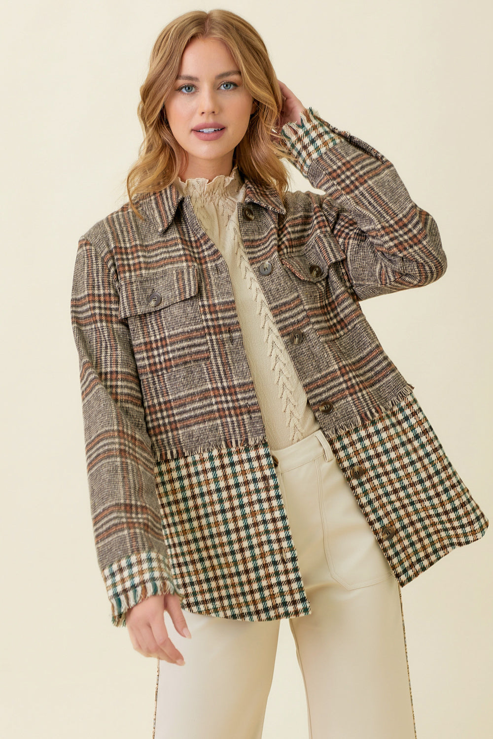 Color Block Mixed Plaid Jacket