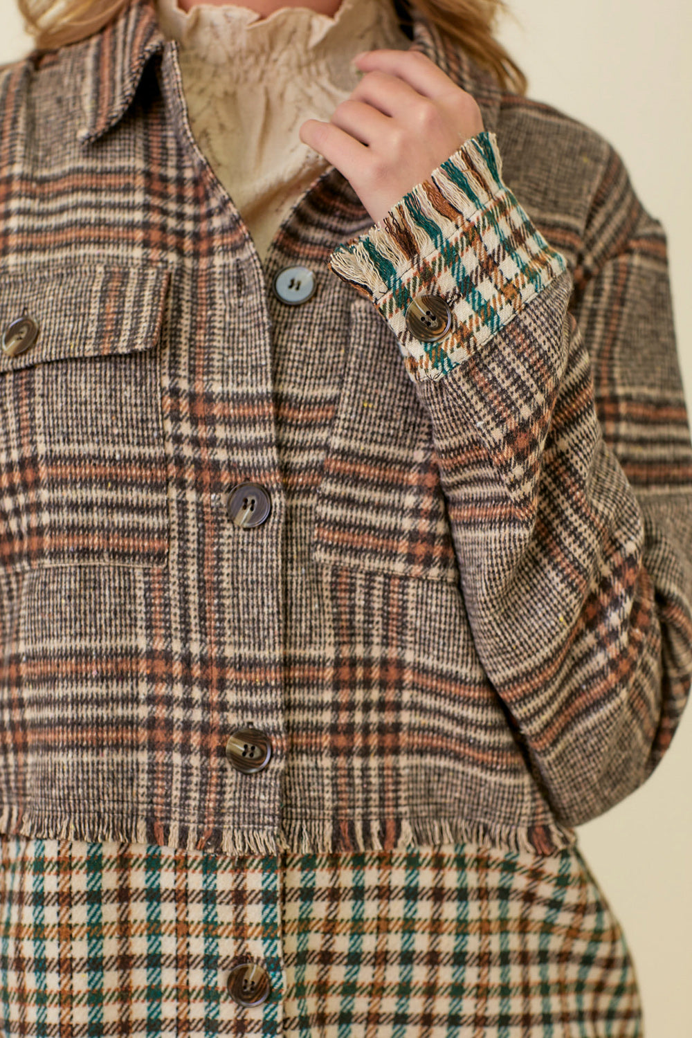 Color Block Mixed Plaid Jacket