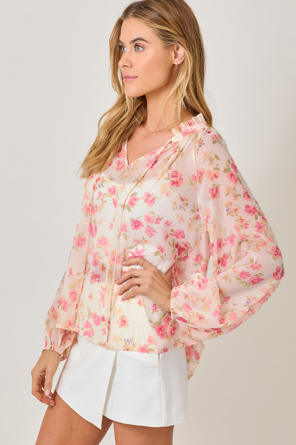 Bubble Sleeve Lurex Ruffle Collar Peasant Blouse