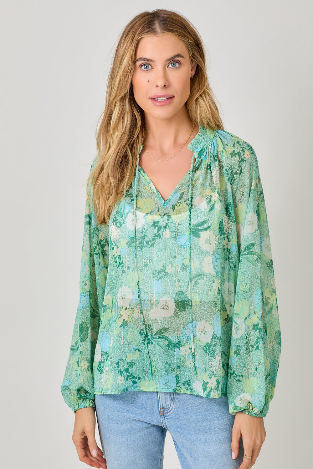 Bubble Sleeve Lurex Ruffle Collar Peasant Blouse