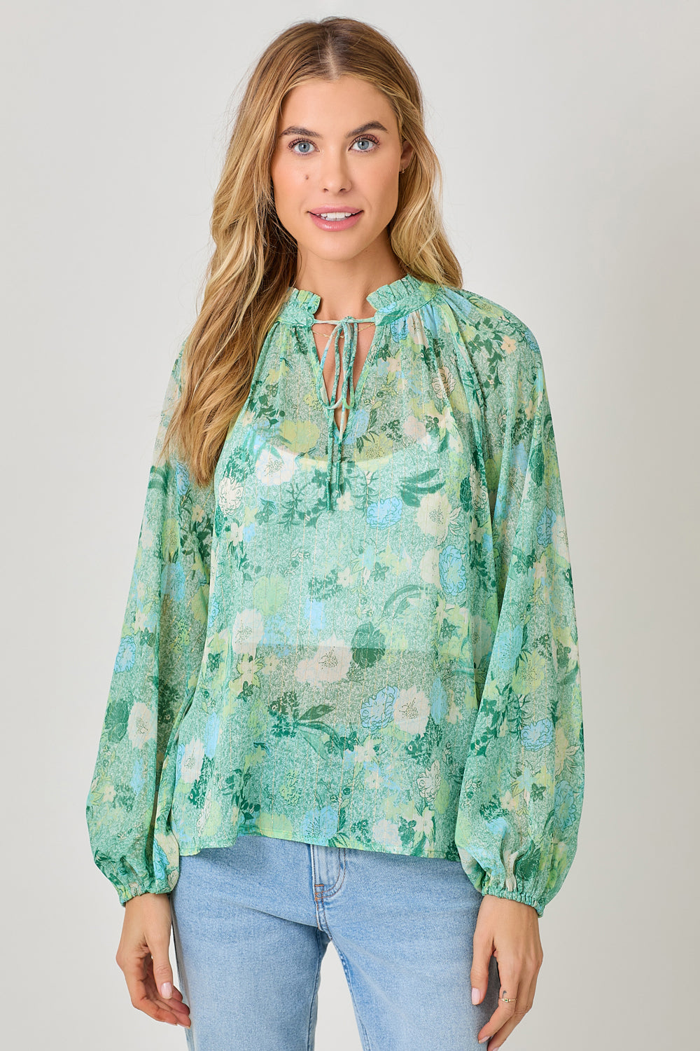 Bubble Sleeve Lurex Ruffle Collar Peasant Blouse