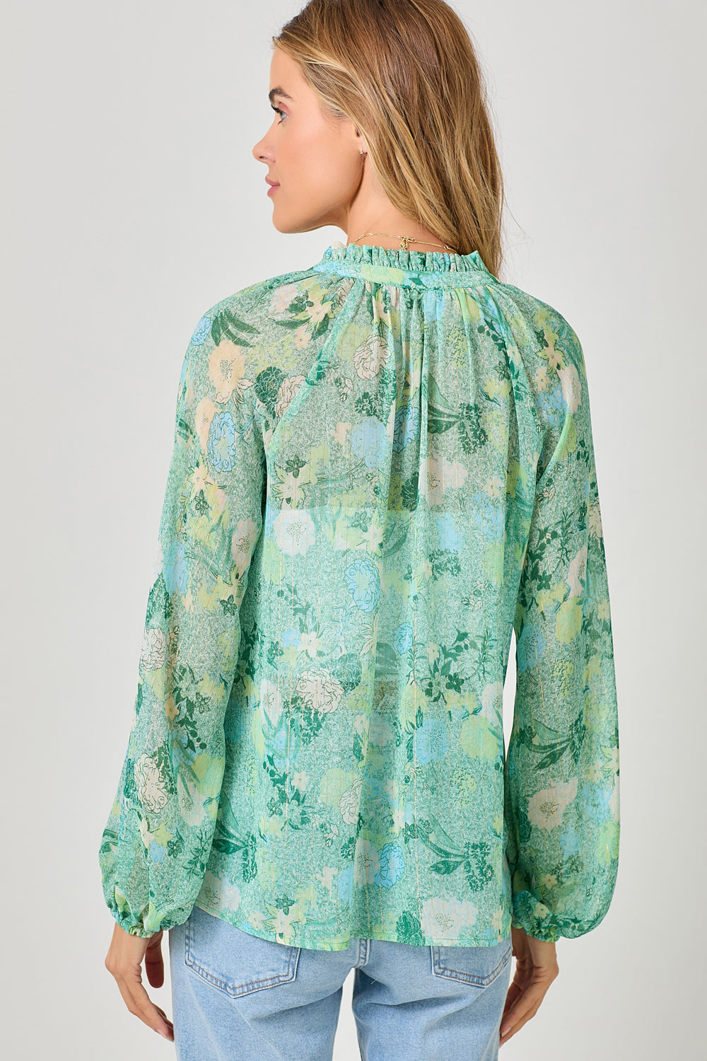 Bubble Sleeve Lurex Ruffle Collar Peasant Blouse