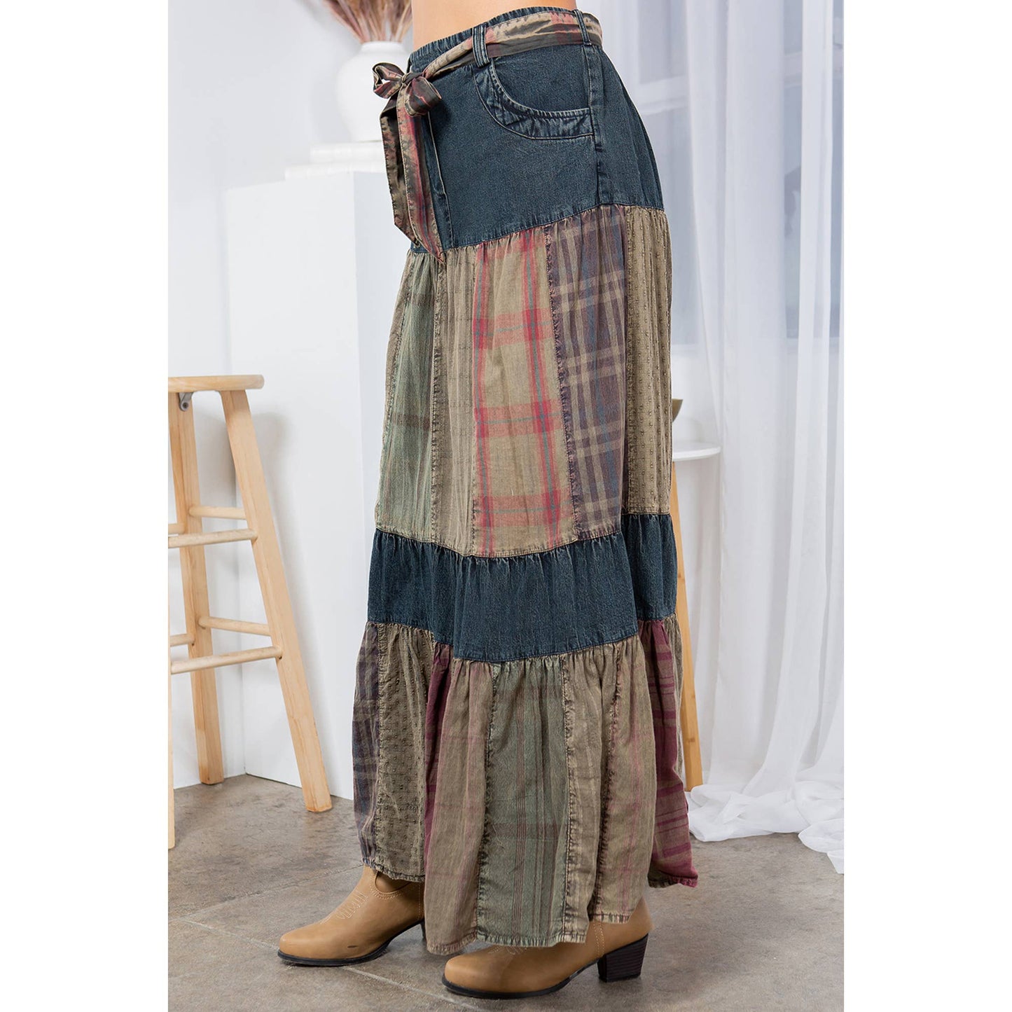 Cherokee Western Delight: Long Denim Tiered Skirt With Patch