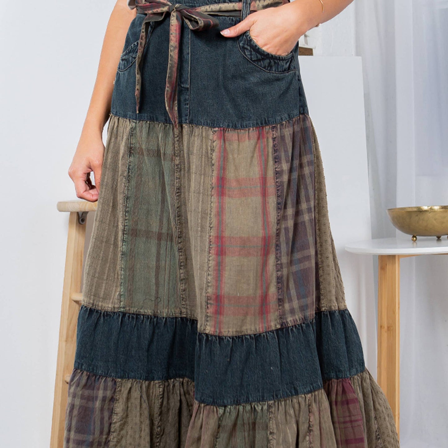Cherokee Western Delight: Long Denim Tiered Skirt With Patch