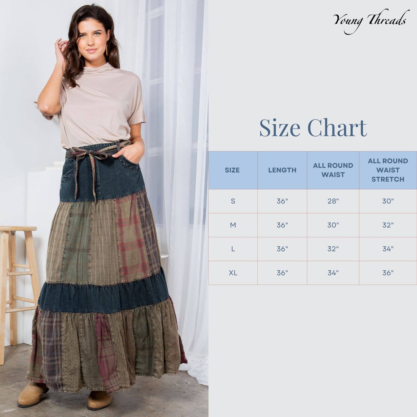 Cherokee Western Delight: Long Denim Tiered Skirt With Patch