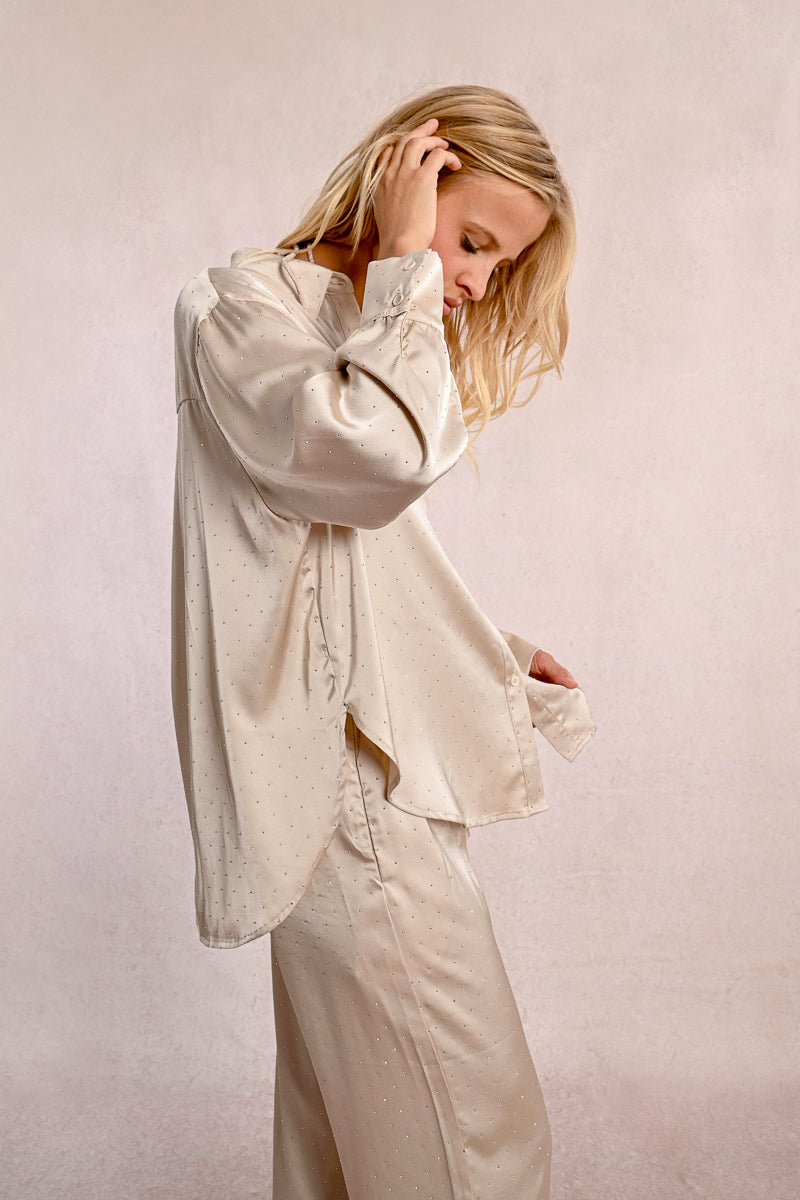 Rhinestone Embellished Satin Blouse