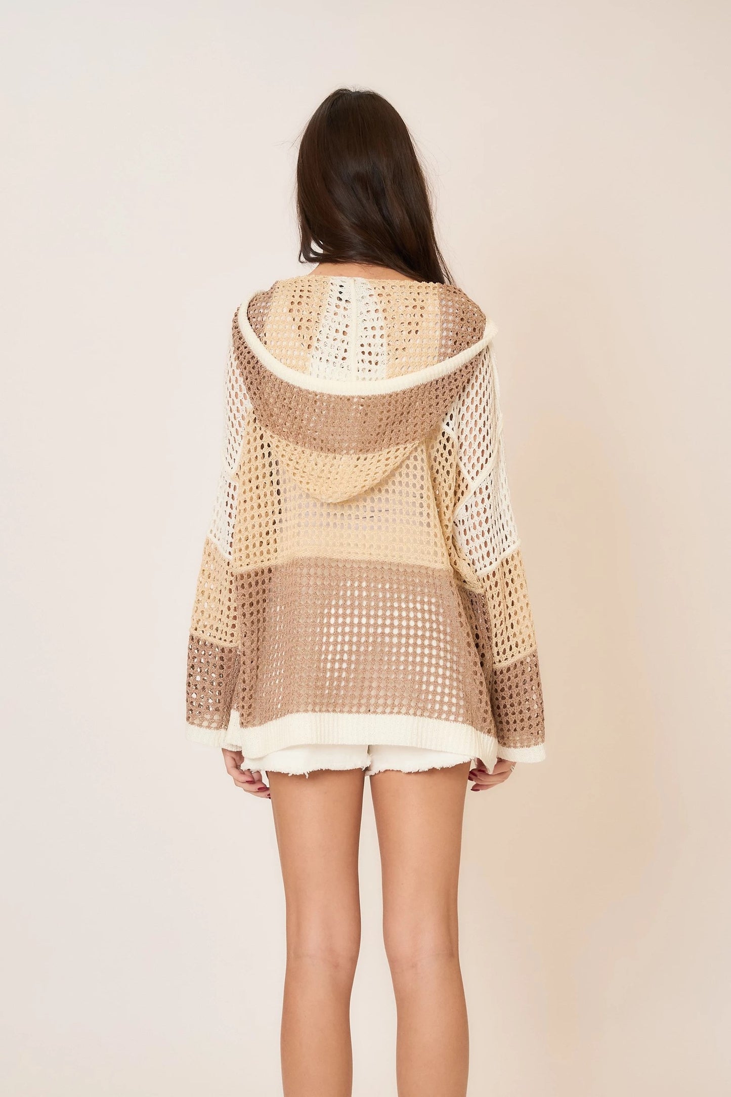 Open Knit Color Block Hooded Sweater