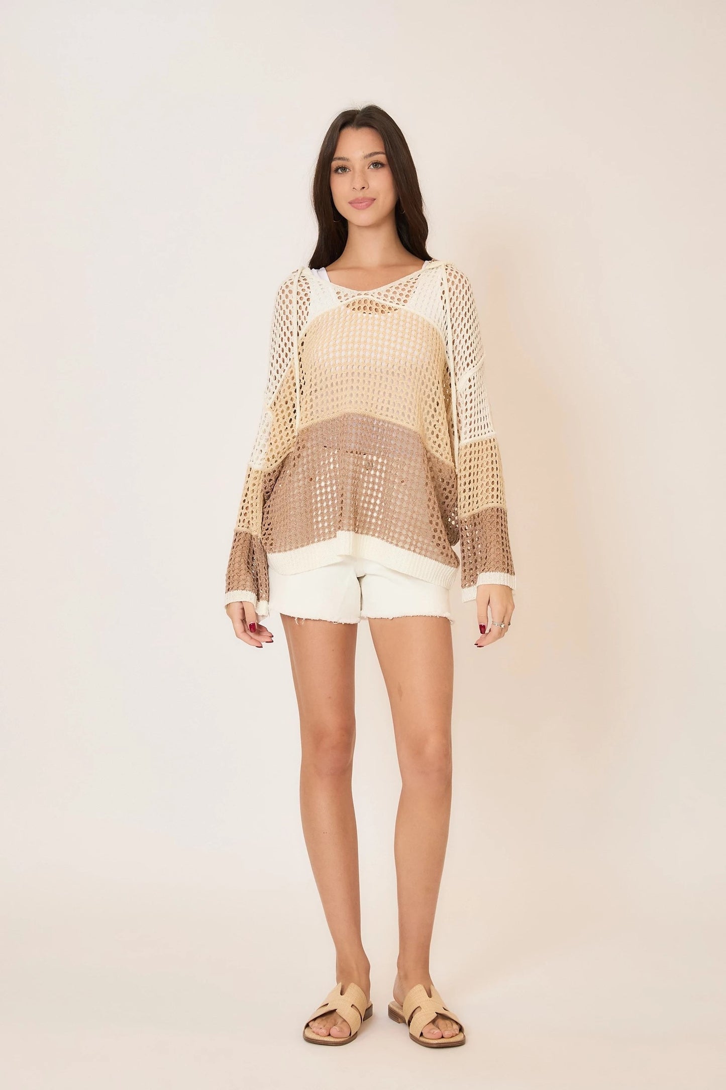 Open Knit Color Block Hooded Sweater