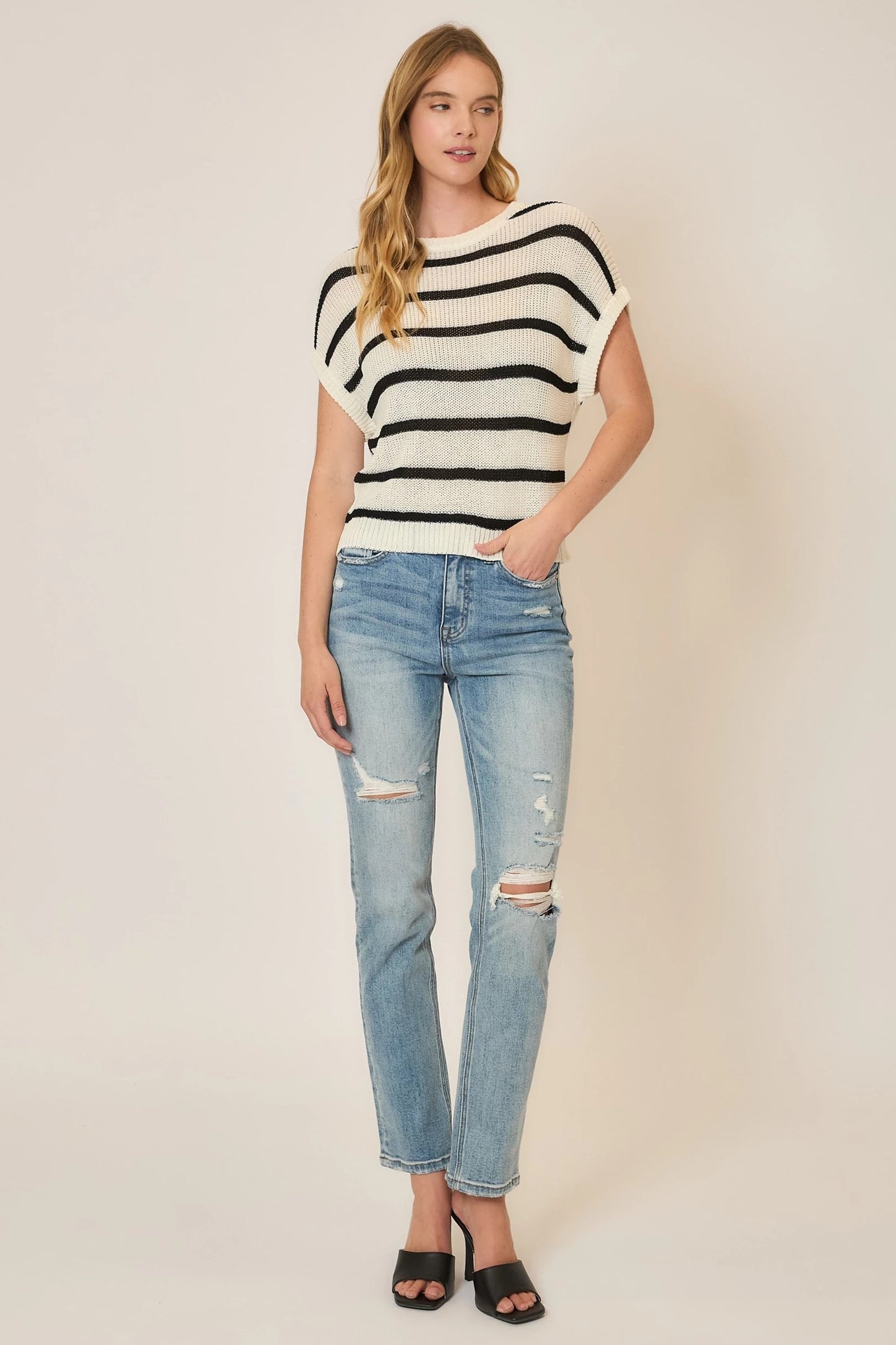 Cap Sleeve Striped Knit Top