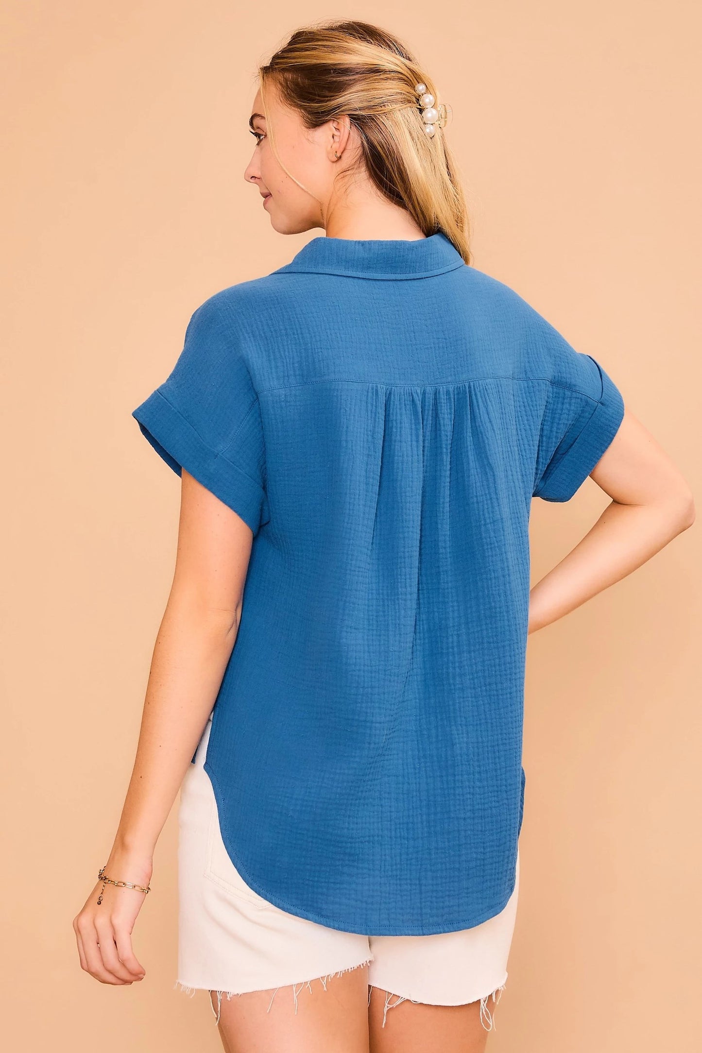 Blue Fresh & Fluffy Gauze Button Down Top Back View Pizzazz Beloit