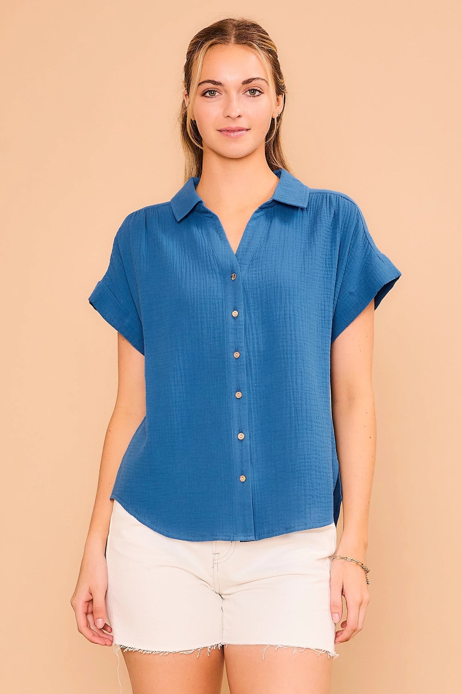 Blue Fresh & Fluffy Gauze Button Down Top Pizzazz Beloit