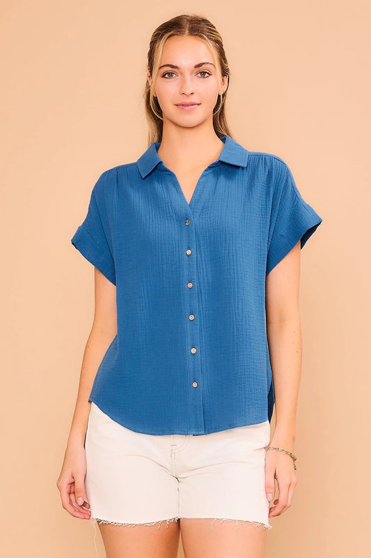 Blue Fresh & Fluffy Gauze Button Down Top Pizzazz Beloit